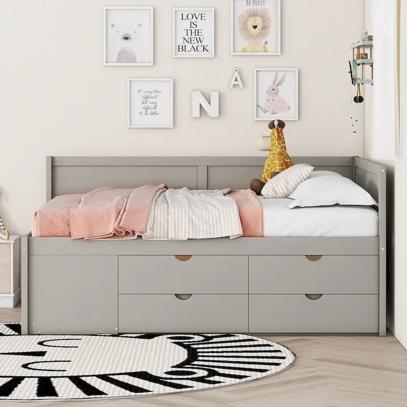 Lit de repos double avec tiroirs et étagères de rangement pour enfants, adolescents et adultes – Gain de place, assemblage facile