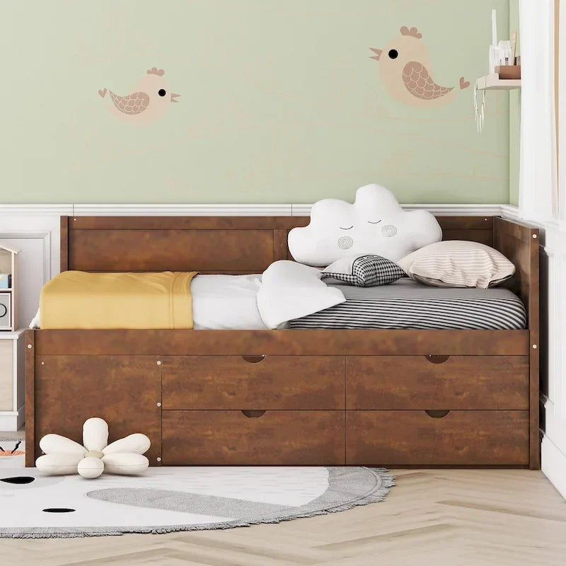 Lit de repos double avec tiroirs et étagères de rangement pour enfants, adolescents et adultes – Gain de place, assemblage facile