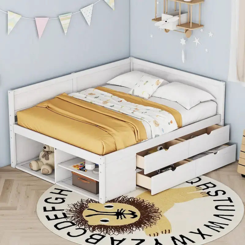 Lit de repos double avec tiroirs et étagères de rangement pour enfants, adolescents et adultes – Gain de place, assemblage facile