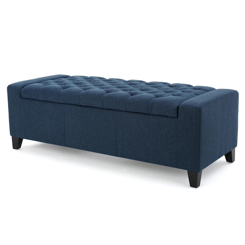 Storage Ottoman Bench, 51 Inch, Deep Button Tufted Dark Blue Fabric