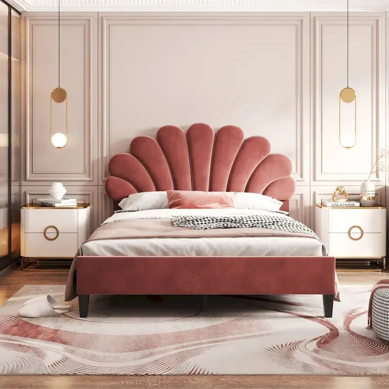Lit plateforme capitonné en velours en forme de coquillage