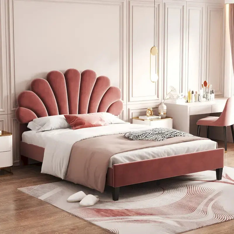 Lit plateforme capitonné en velours en forme de coquillage