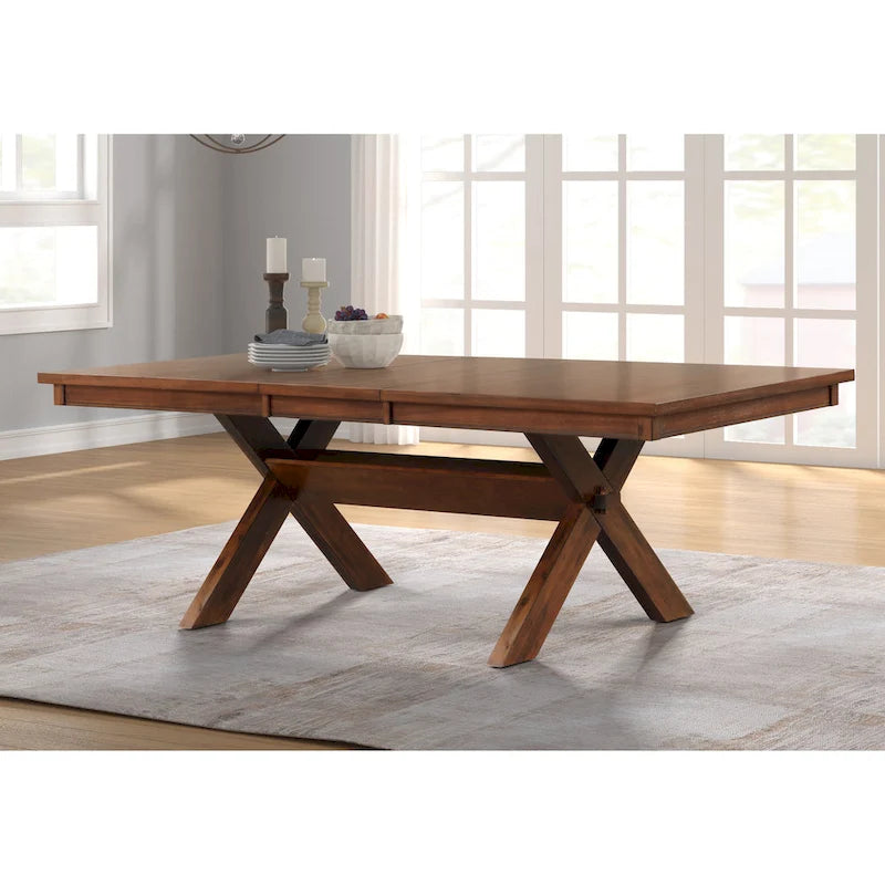 Roundhill Furniture Karven Wood Trestle Extendable Dining Table with Leaf, Dark Hazelnut