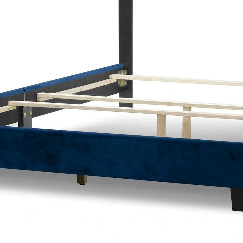 Lit Queen en velours bleu marine avec capitonnage et clous noirs