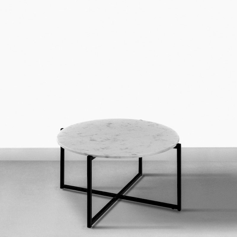 Table basse ronde de 30 pouces avec plateau en marbre et cadre en métal, blanc et noir