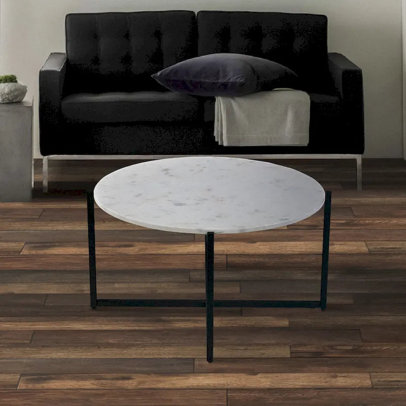 Table basse ronde de 30 pouces avec plateau en marbre et cadre en métal, blanc et noir