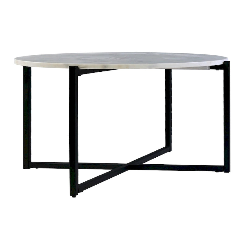 Table basse ronde de 30 pouces avec plateau en marbre et cadre en métal, blanc et noir