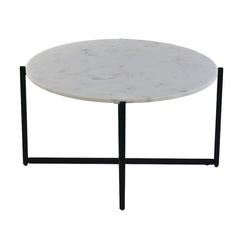 Table basse ronde de 30 pouces avec plateau en marbre et cadre en métal, blanc et noir