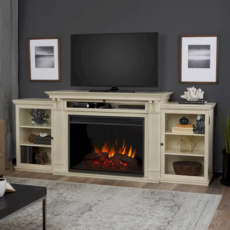 Meuble TV avec cheminée électrique de 84 po, blanc patiné