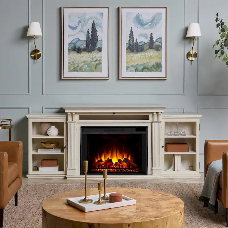 Tracey 84 TV Stand Electric Fireplace in Distressed White by Real Flame