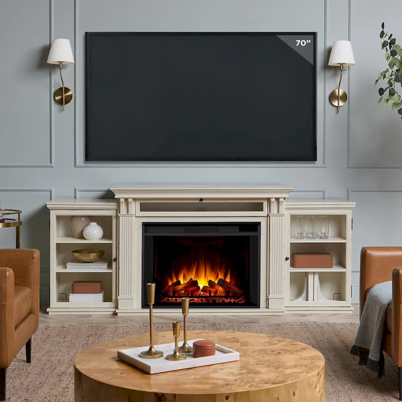Meuble TV avec cheminée électrique de 84 po, blanc patiné