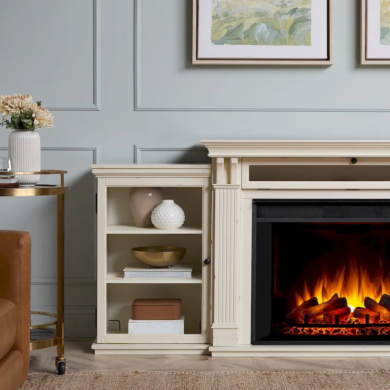 Meuble TV avec cheminée électrique de 84 po, blanc patiné