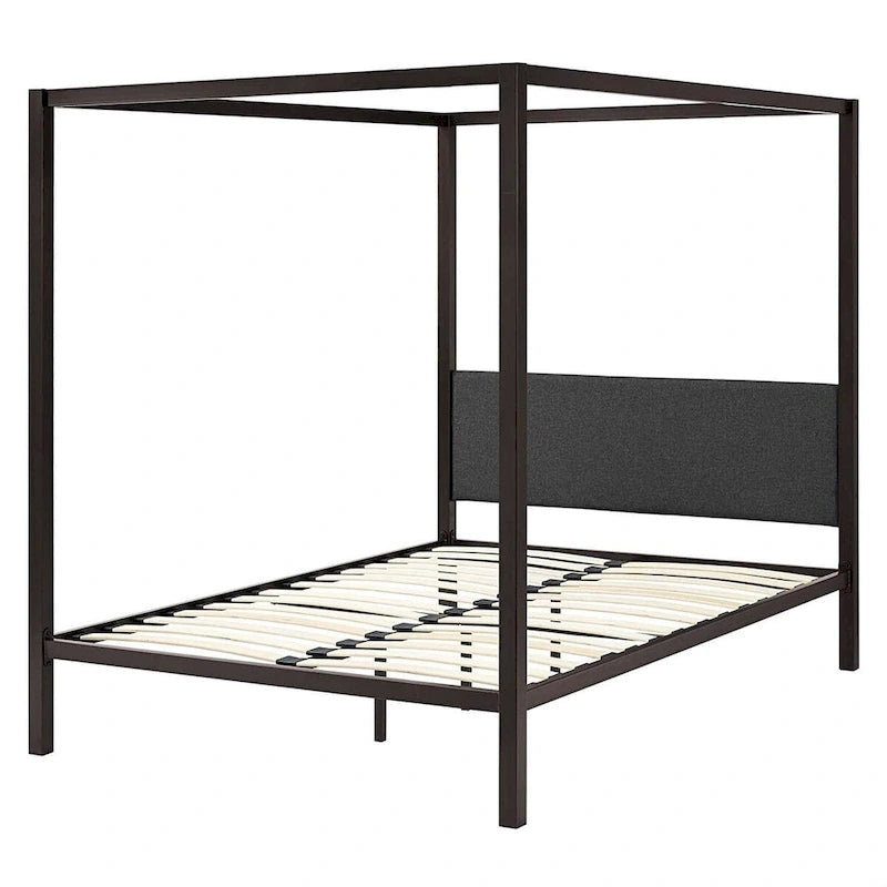 Cadre de lit Queen Size en métal marron avec baldaquin et tête de lit capitonnée grise