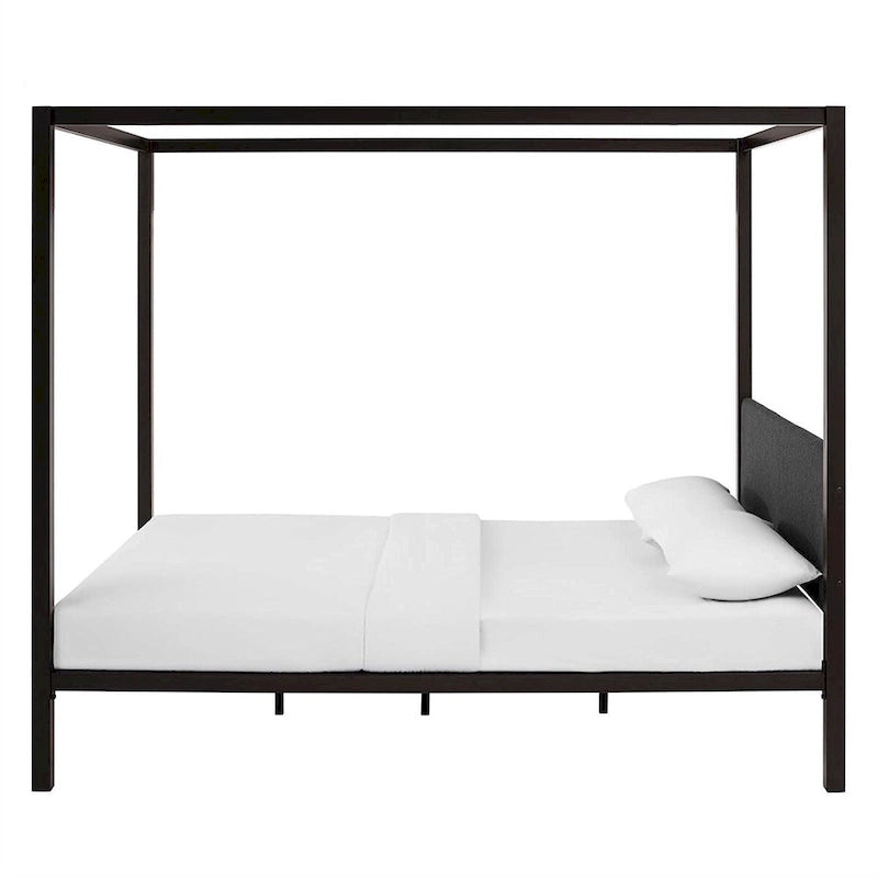 Cadre de lit Queen Size en métal marron avec baldaquin et tête de lit capitonnée grise