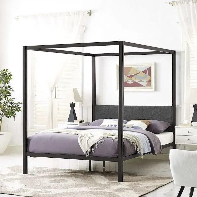 Cadre de lit Queen Size en métal marron avec baldaquin et tête de lit capitonnée grise