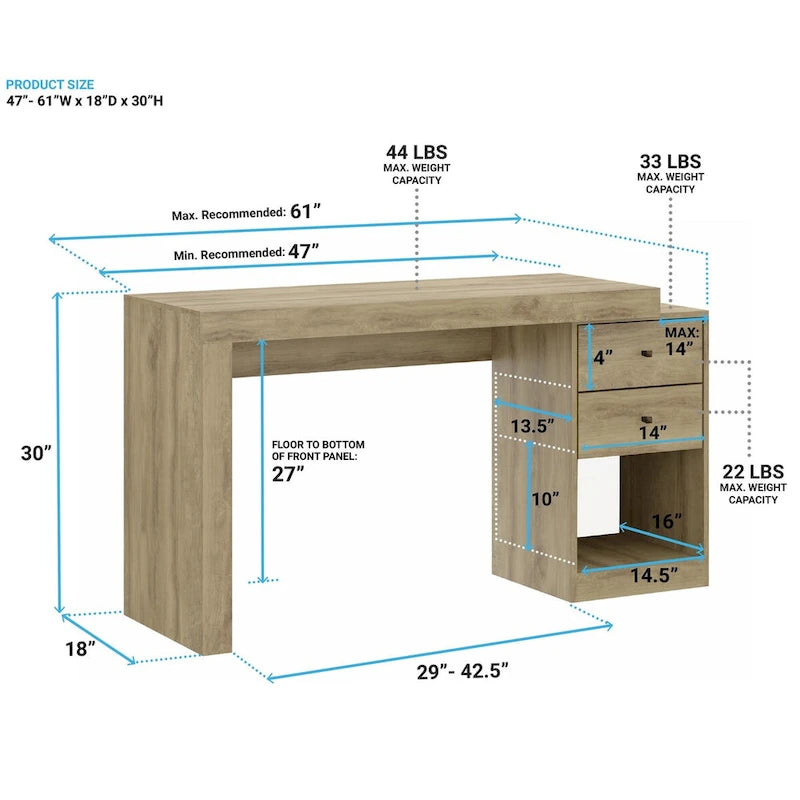 Bureau de télétravail extensible de 119 à 155 cm