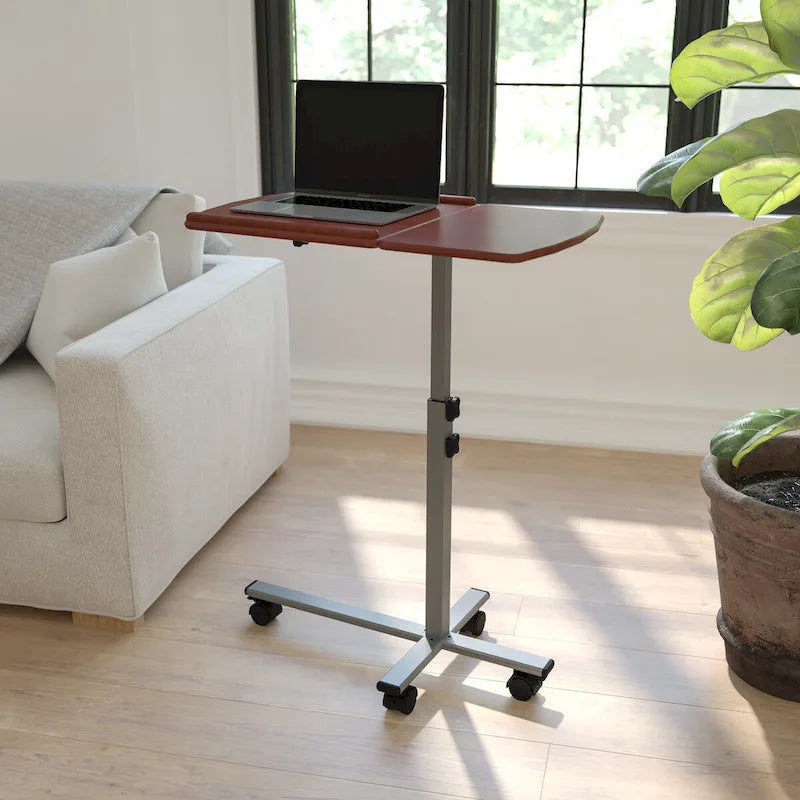 Bureau mobile pour ordinateur portable à hauteur et inclinaison réglables avec plateau en cerisier
