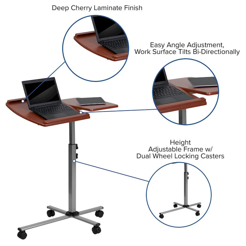 Bureau mobile pour ordinateur portable à hauteur et inclinaison réglables avec plateau en cerisier