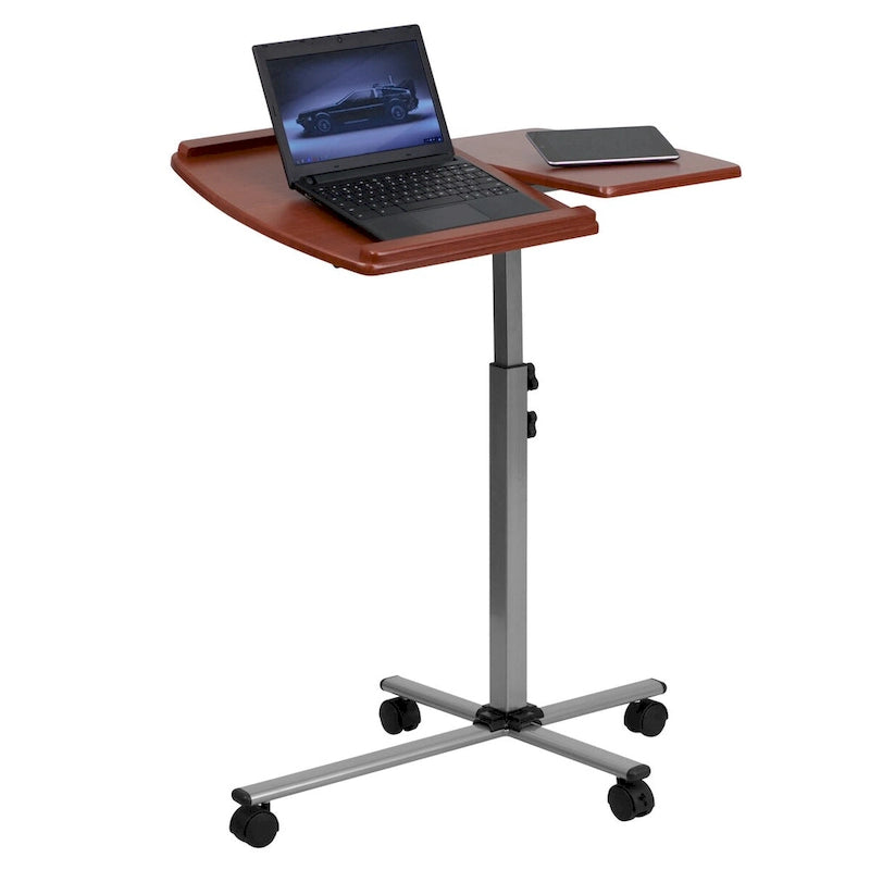 Bureau mobile pour ordinateur portable à hauteur et inclinaison réglables avec plateau en cerisier