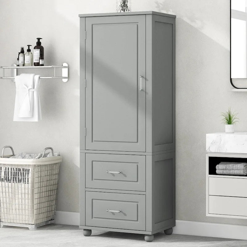 61.4 Tall Bathroom Storage Cabinet, Two Drawers and Adjustable Shelf