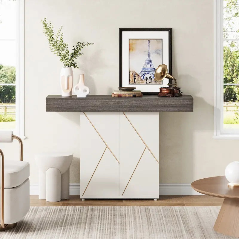 Table console de 110 cm style campagnard avec éclairage LED, table basse et d'entrée, bureau étroit