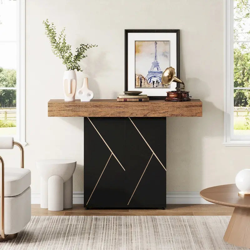 Table console de 110 cm style campagnard avec éclairage LED, table basse et d'entrée, bureau étroit