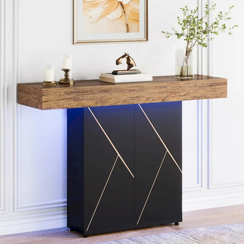 Table console de 110 cm style campagnard avec éclairage LED, table basse et d'entrée, bureau étroit