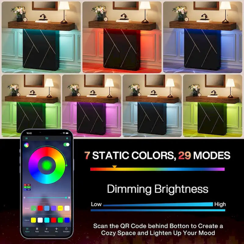 Table console de 110 cm style campagnard avec éclairage LED, table basse et d'entrée, bureau étroit