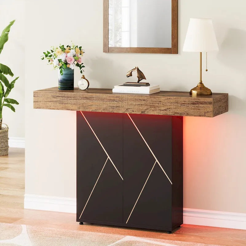 Table console de 110 cm style campagnard avec éclairage LED, table basse et d'entrée, bureau étroit