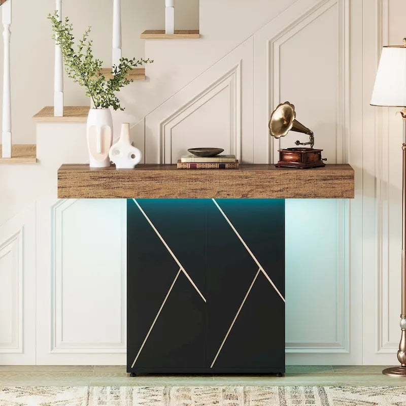 Table console de 110 cm style campagnard avec éclairage LED, table basse et d'entrée, bureau étroit