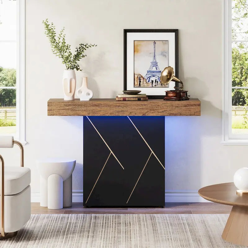 Table console de 110 cm style campagnard avec éclairage LED, table basse et d'entrée, bureau étroit