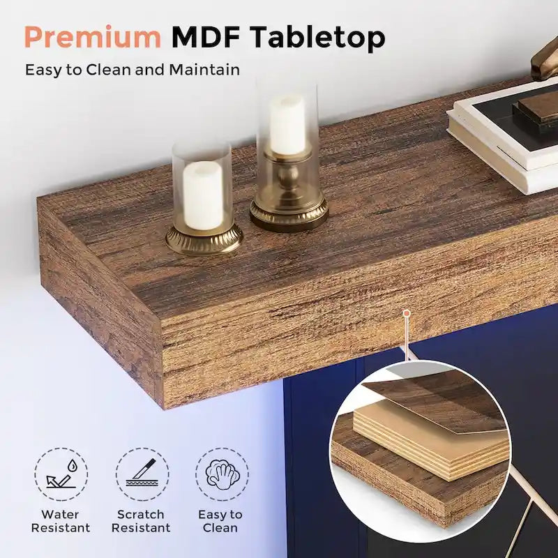 Table console de 110 cm style campagnard avec éclairage LED, table basse et d'entrée, bureau étroit