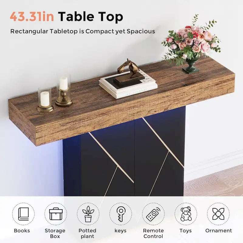 Table console de 110 cm style campagnard avec éclairage LED, table basse et d'entrée, bureau étroit
