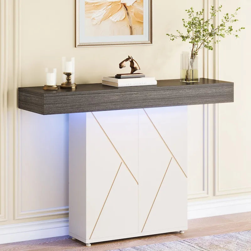 Table console de 110 cm style campagnard avec éclairage LED, table basse et d'entrée, bureau étroit