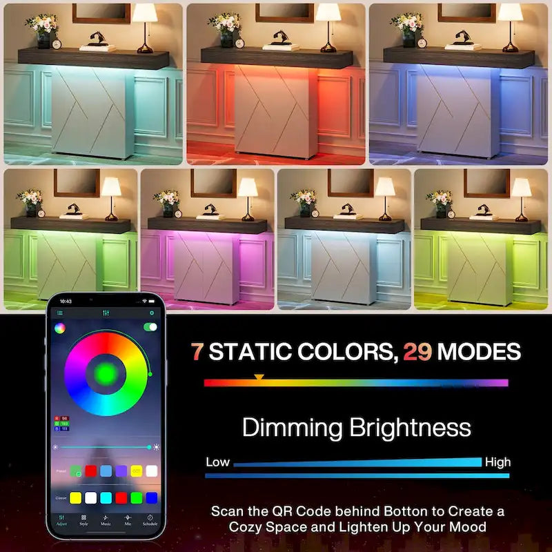 Table console de 110 cm style campagnard avec éclairage LED, table basse et d'entrée, bureau étroit