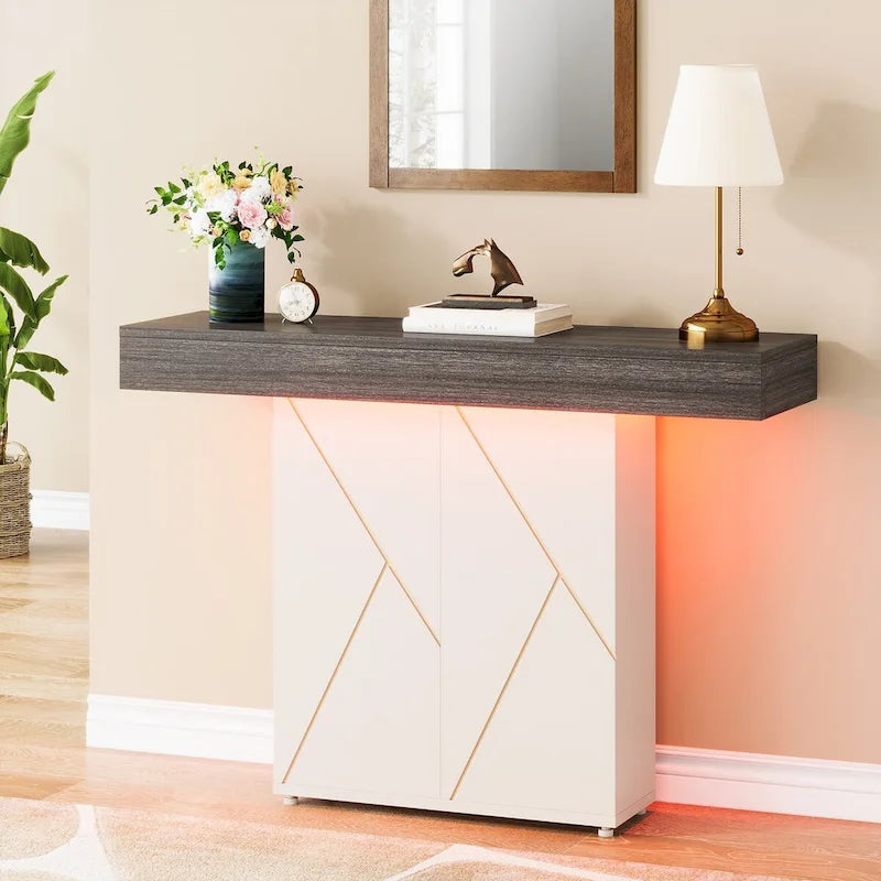 Table console de 110 cm style campagnard avec éclairage LED, table basse et d'entrée, bureau étroit