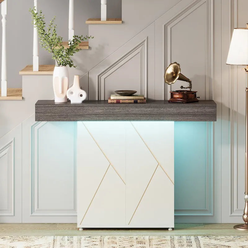 Table console de 110 cm style campagnard avec éclairage LED, table basse et d'entrée, bureau étroit