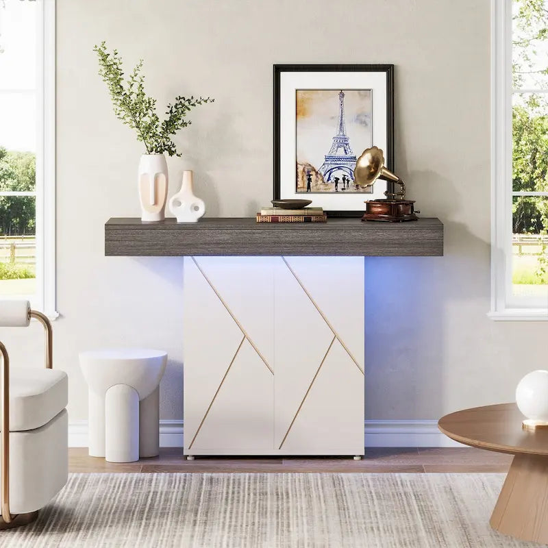 Table console de 110 cm style campagnard avec éclairage LED, table basse et d'entrée, bureau étroit