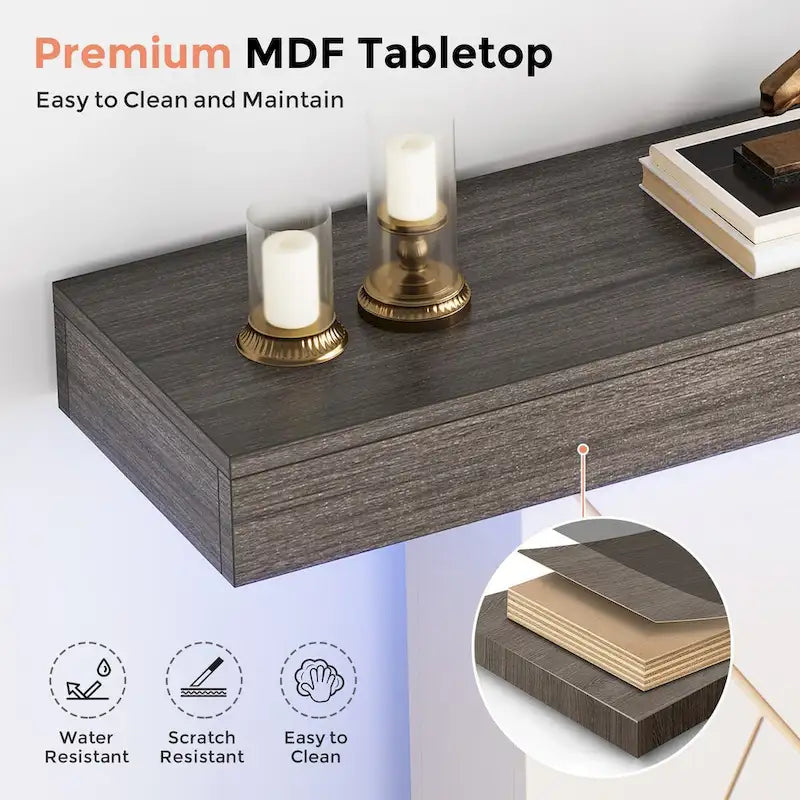 Table console de 110 cm style campagnard avec éclairage LED, table basse et d'entrée, bureau étroit