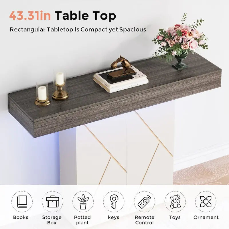Table console de 110 cm style campagnard avec éclairage LED, table basse et d'entrée, bureau étroit